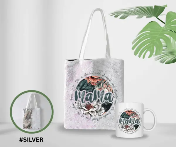 SILVER SEQUIN TOTE AND MUG SET