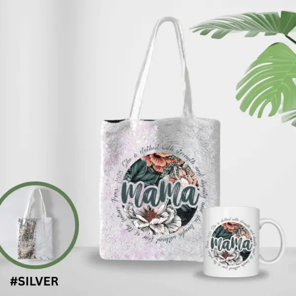 SILVER SEQUIN TOTE AND MUG SET