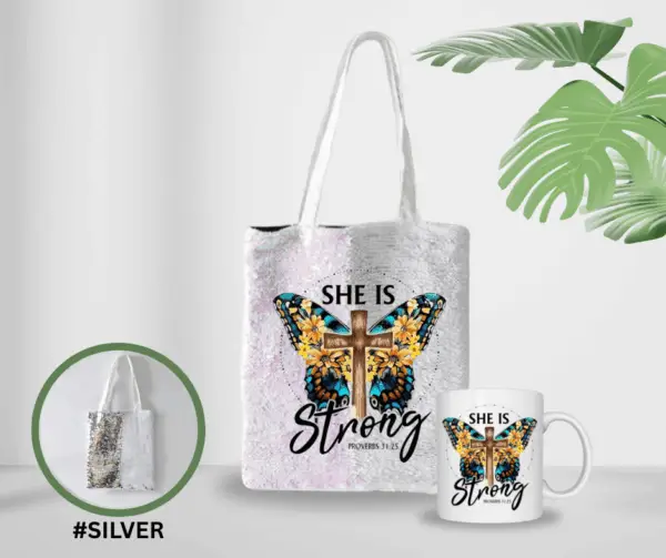 SILVER SEQUIN TOTE AND MUG SET
