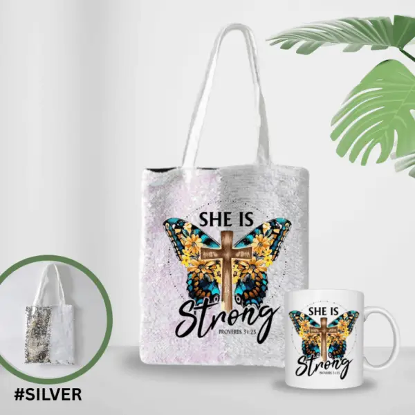 SILVER SEQUIN TOTE AND MUG SET